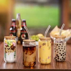 4-Piece 16oz Glass Cups with Bamboo Lids & Glass Straws
