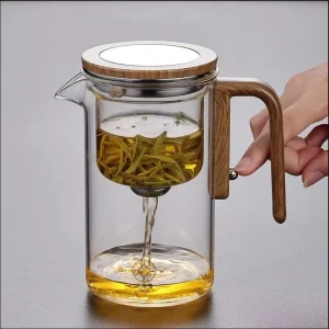1 Pcs 600ML Glass Teapot with Wooden Handle One Click Switch Tea Filtration